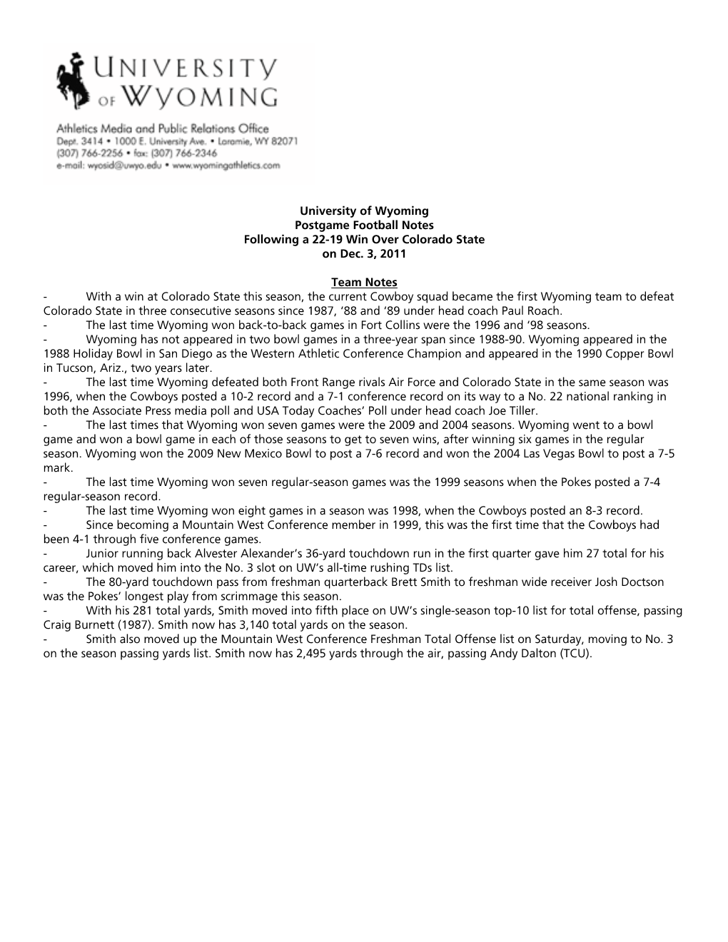 University of Wyoming Postgame Football Notes Following a 22-19 Win Over Colorado State on Dec