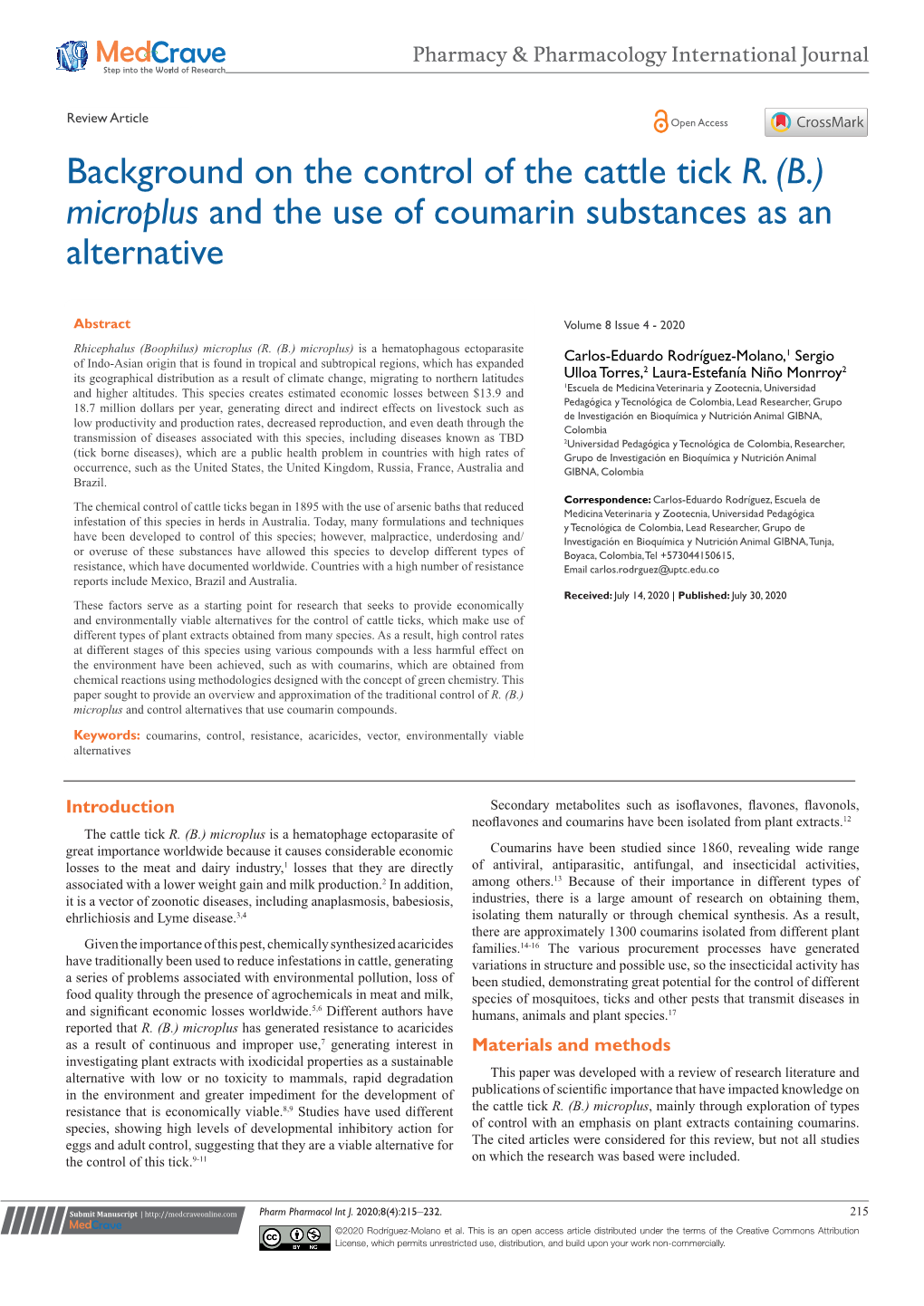 Background on the Control of the Cattle Tick R. (B.) Microplus and the Use of Coumarin Substances As an Alternative