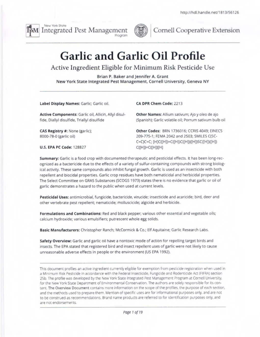 Garlic and Garlic Oil Profile Active Ingredient Eligible for Minimum Risk Pesticide Use