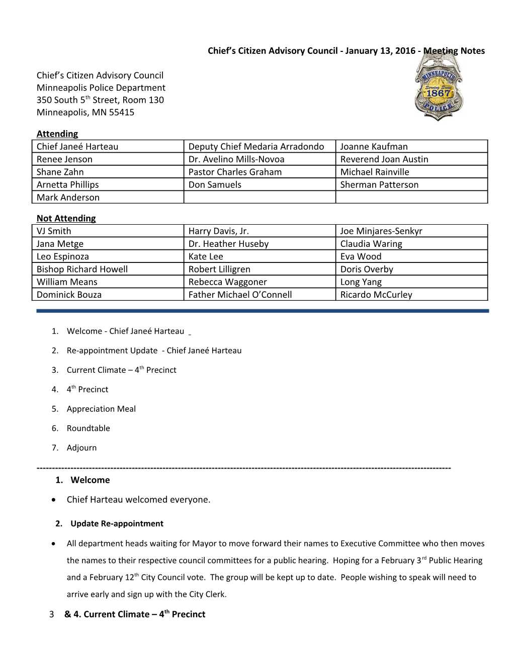 Chief S Citizen Advisory Council - January 13, 2016 - Meeting Notes