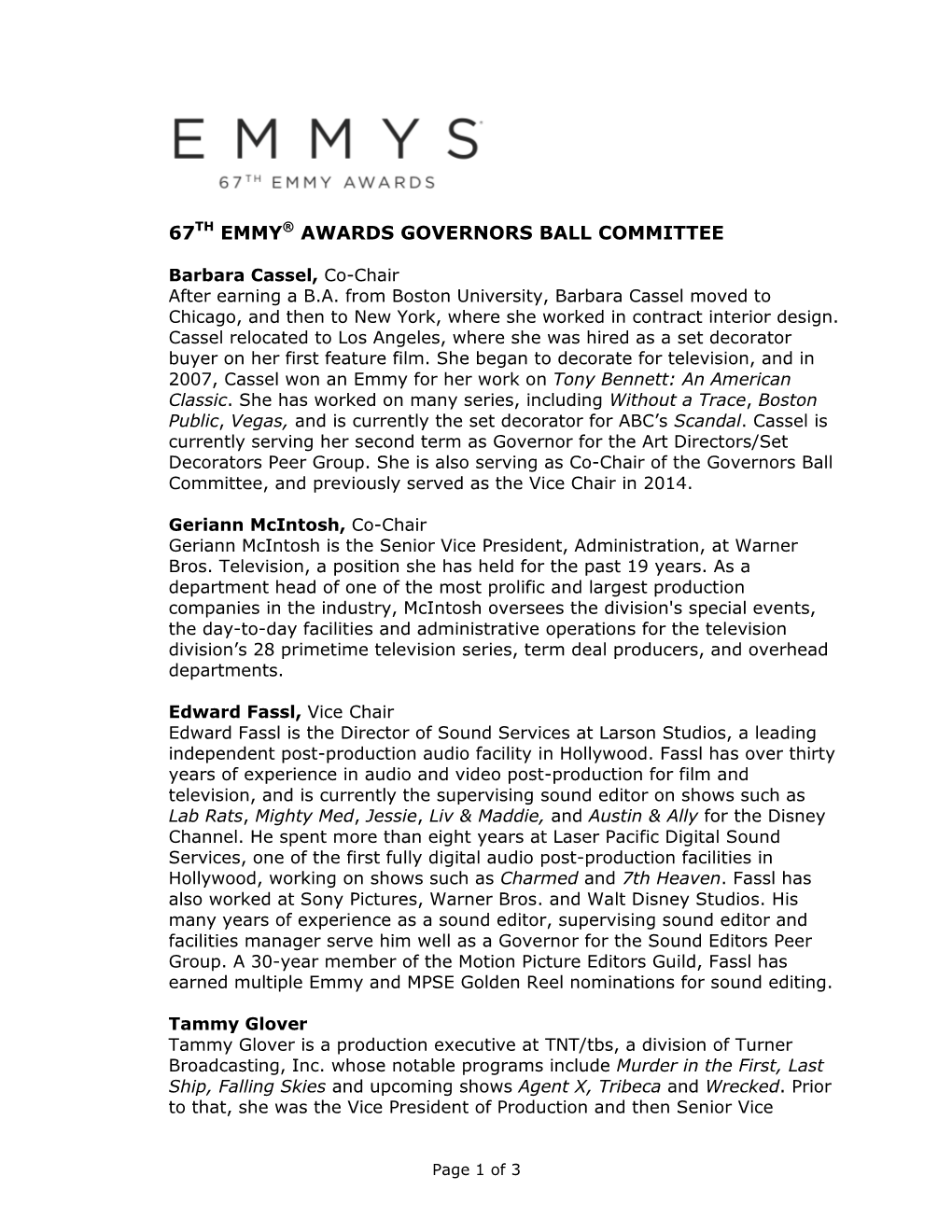 67Th Emmy® Awards Governors Ball Committee