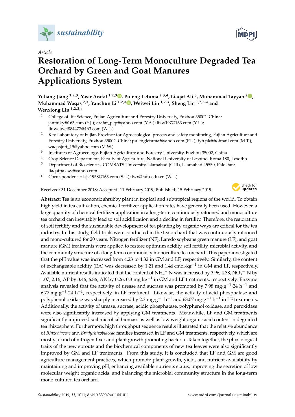 Restoration of Long-Term Monoculture Degraded Tea Orchard by Green and Goat Manures Applications System