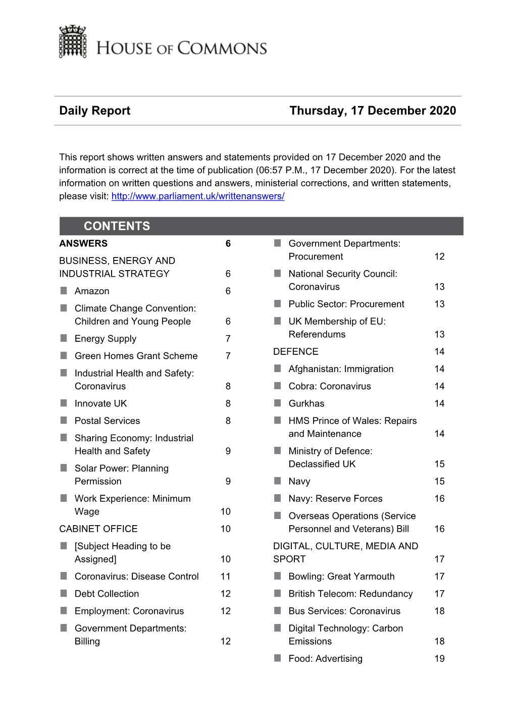 Daily Report Thursday, 17 December 2020 CONTENTS