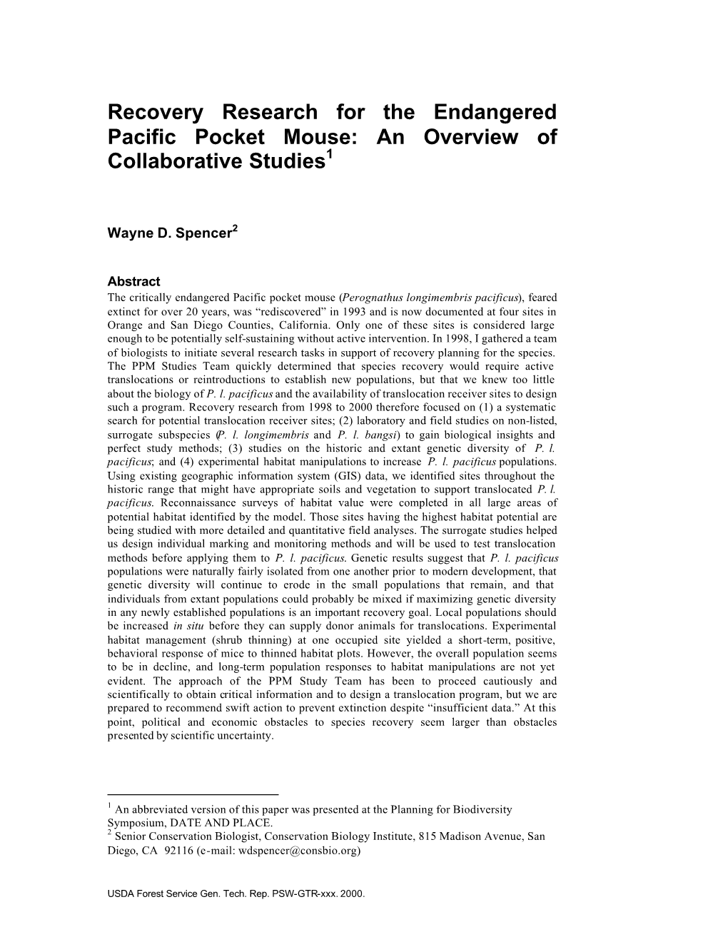 Recovery Research for the Endangered Pacific Pocket Mouse: an Overview of Collaborative Studies1