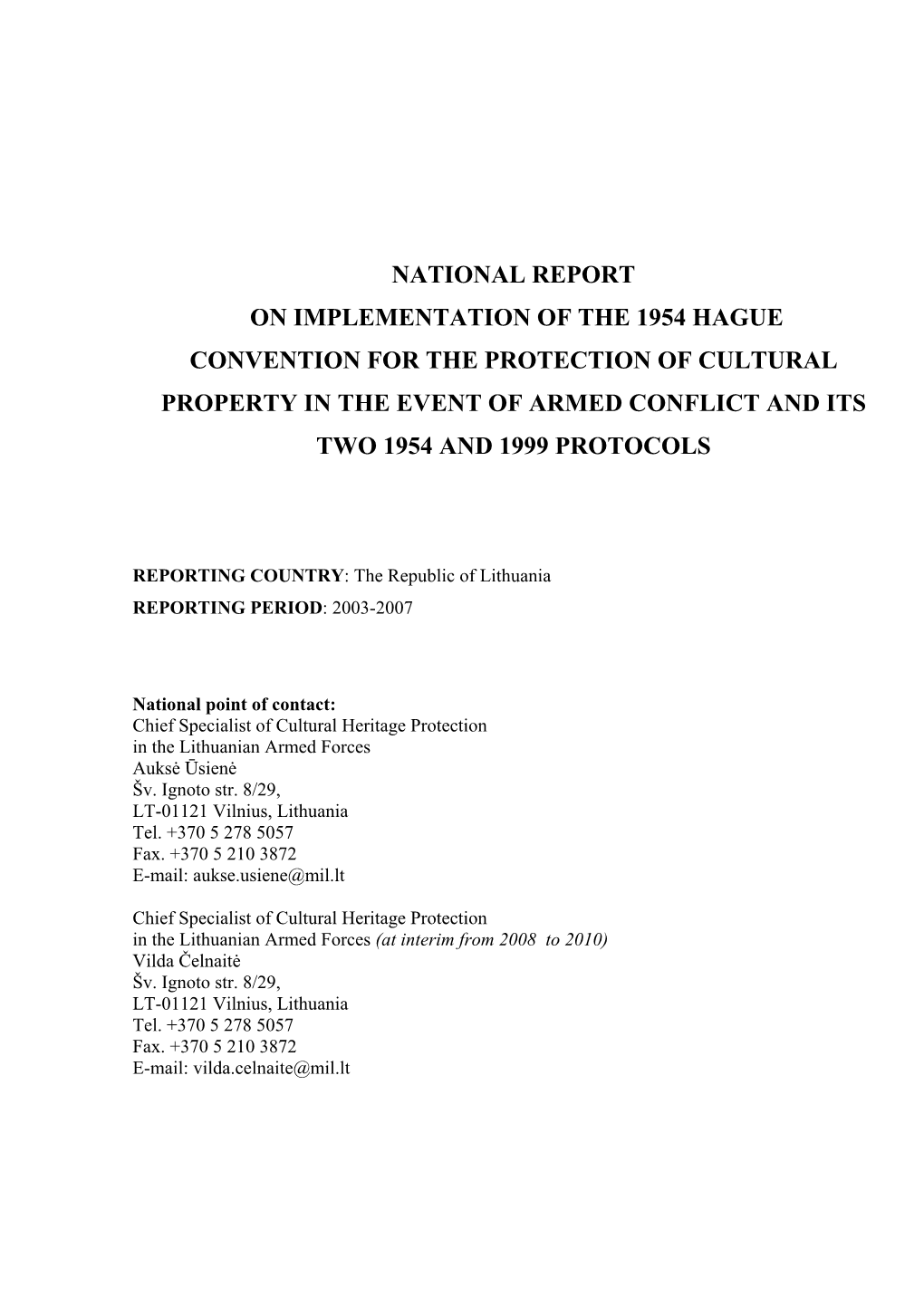 National Report on Implementation of the 1954