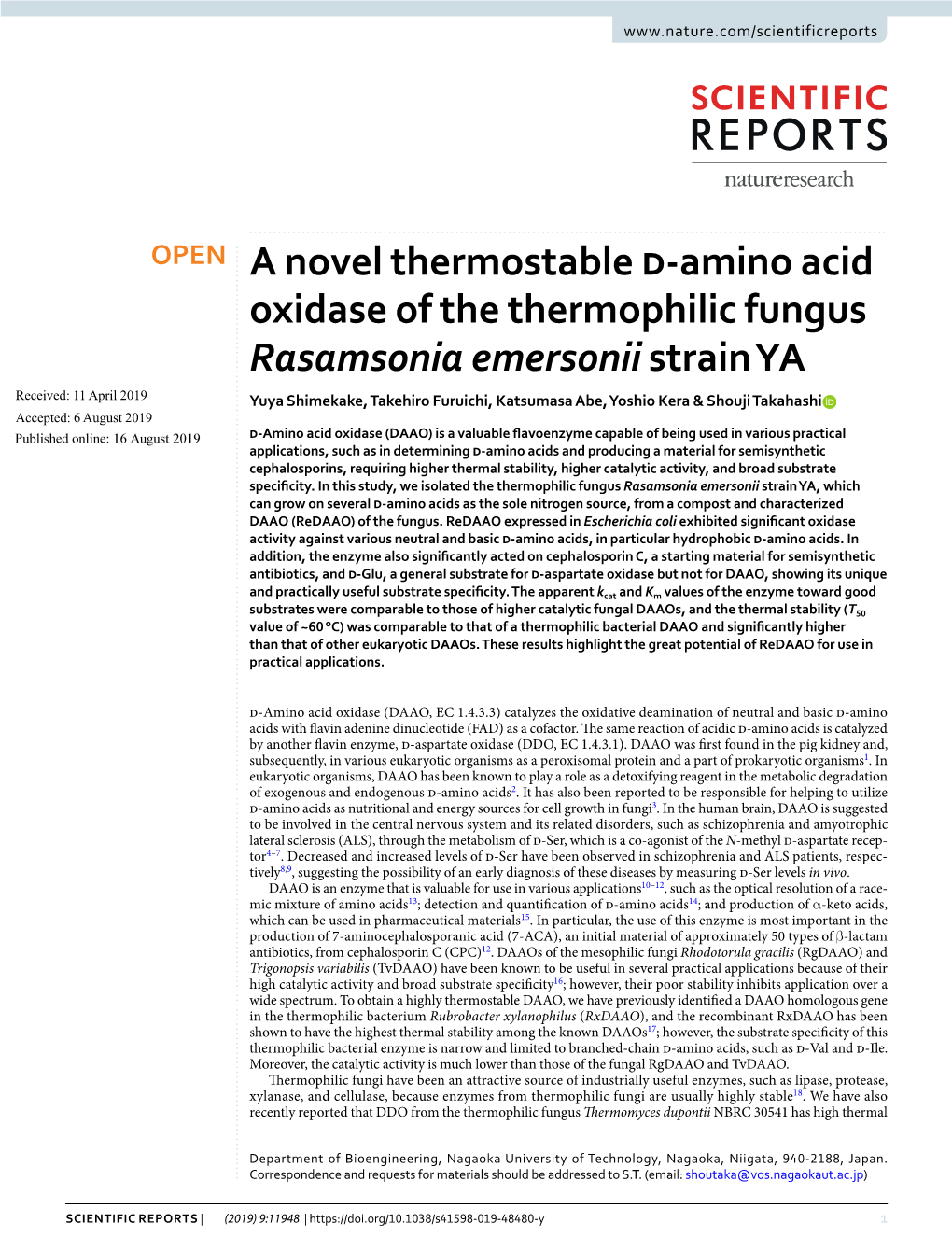 A Novel Thermostable D-Amino Acid Oxidase of the Thermophilic Fungus