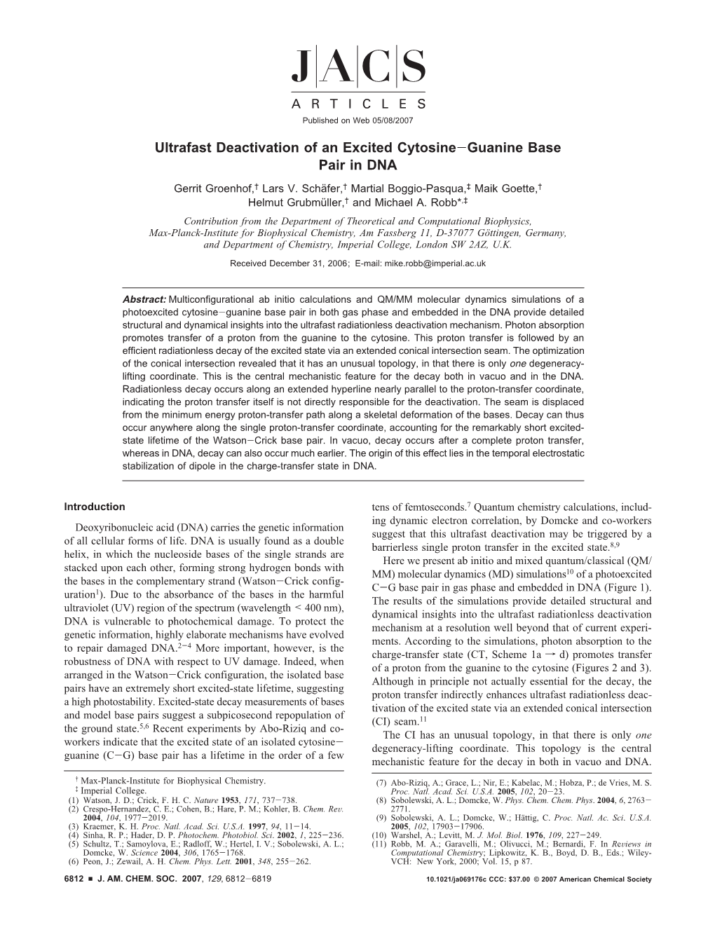 Ultrafast Deactivation of an Excited Cytosine-Guanine Base Pair in DNA Gerrit Groenhof,† Lars V