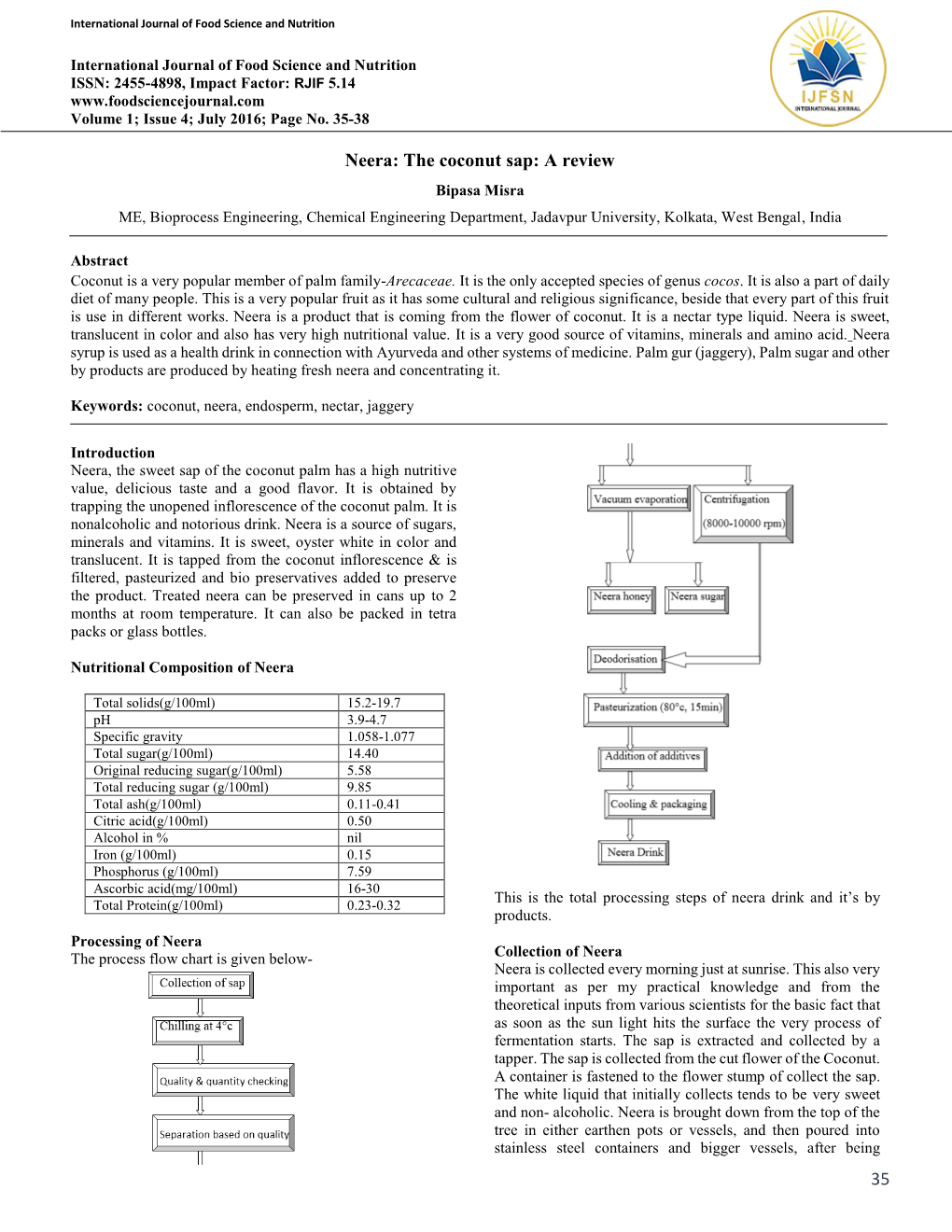 The Coconut Sap: a Review Bipasa Misra ME, Bioprocess Engineering, Chemical Engineering Department, Jadavpur University, Kolkata, West Bengal, India