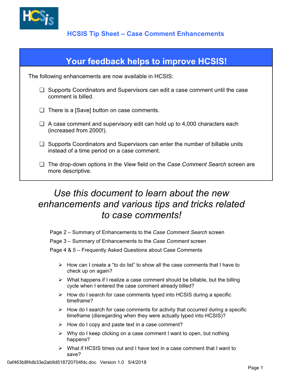 HCSIS Tip Sheet Case Comment Enhancements