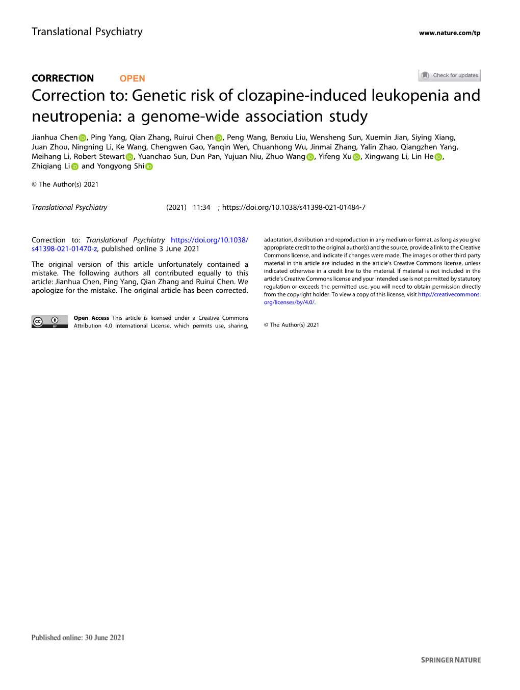 Genetic Risk of Clozapine-Induced Leukopenia and Neutropenia: a Genome-Wide Association Study