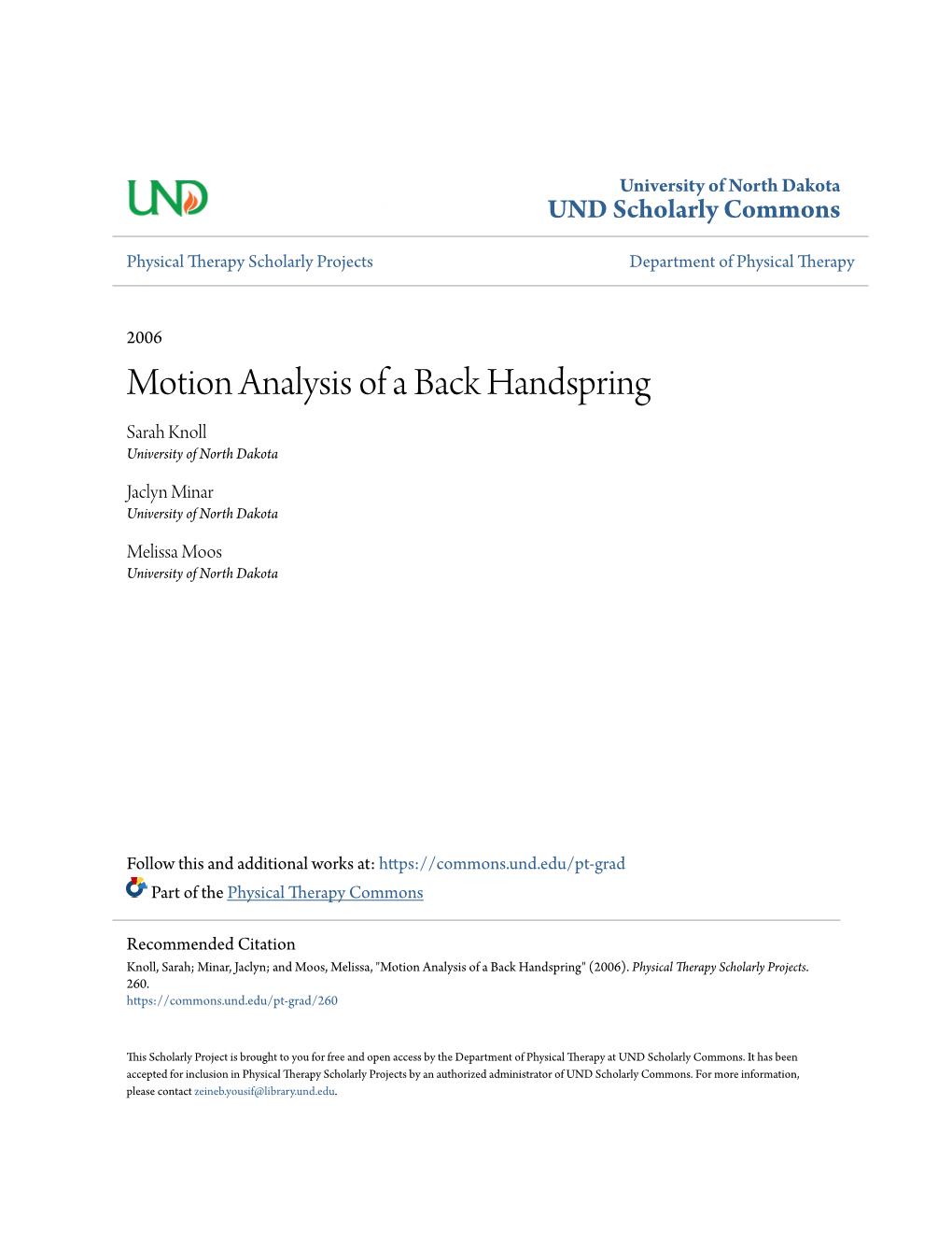 Motion Analysis of a Back Handspring Sarah Knoll University of North Dakota