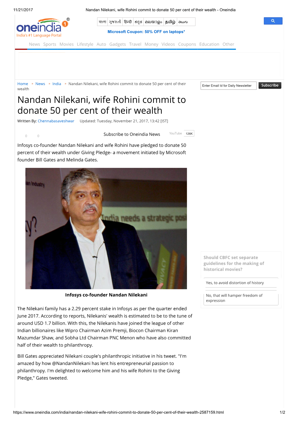 Nandan Nilekani, Wife Rohini Commit to Donate 50 Per Cent of Their Wealth - Oneindia
