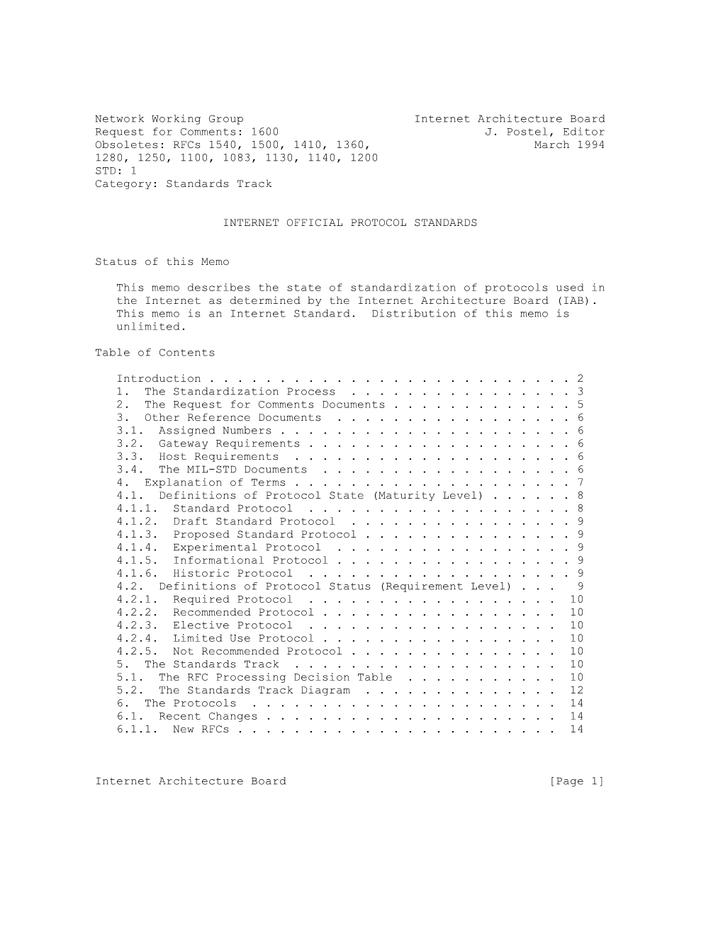 Network Working Group Internet Architecture Board Request for Comments: 1600 J. Postel, Editor Obsoletes: Rfcs 1540