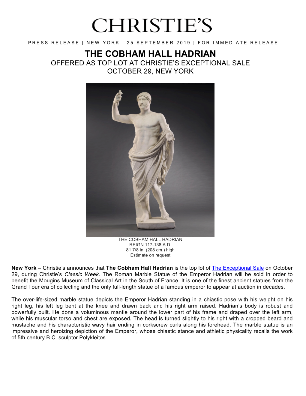 The Cobham Hall Hadrian Offered As Top Lot at Christie’S Exceptional Sale October 29, New York