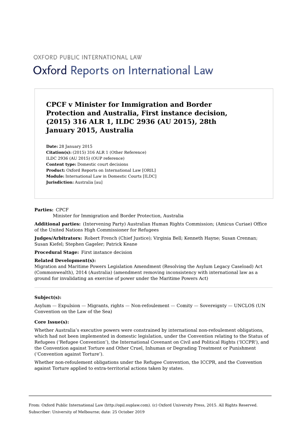 Oxford Reports on International Law: CPCF V Minister for Immigration and Border Protection and Australia, First Instance Decisio