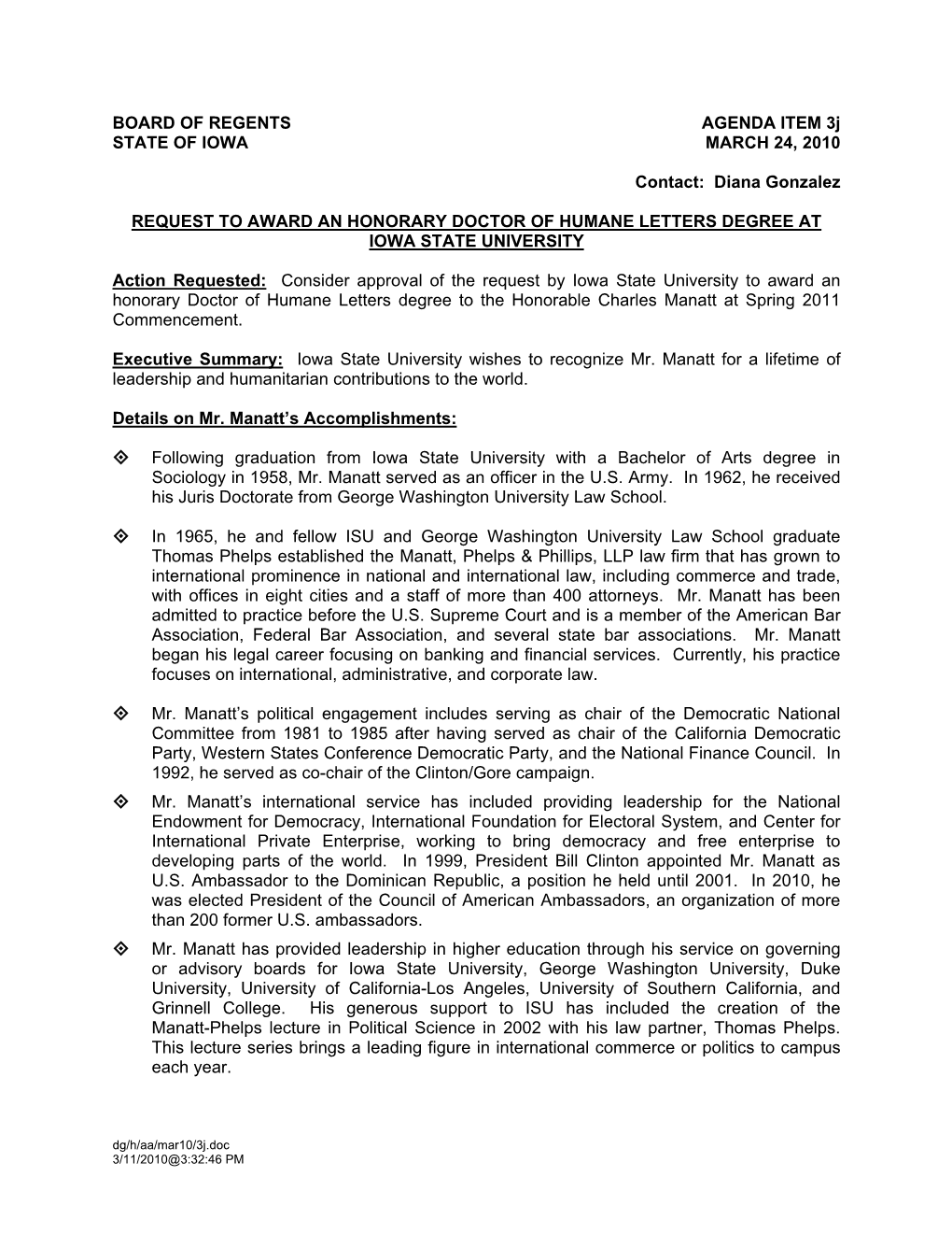 BOARD of REGENTS AGENDA ITEM 3J STATE of IOWA MARCH 24, 2010