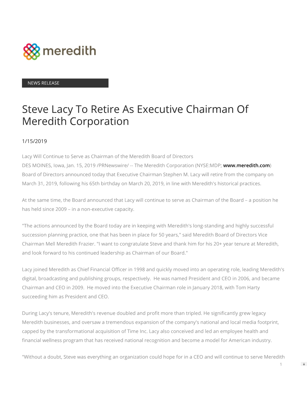 Steve Lacy to Retire As Executive Chairman of Meredith Corporation