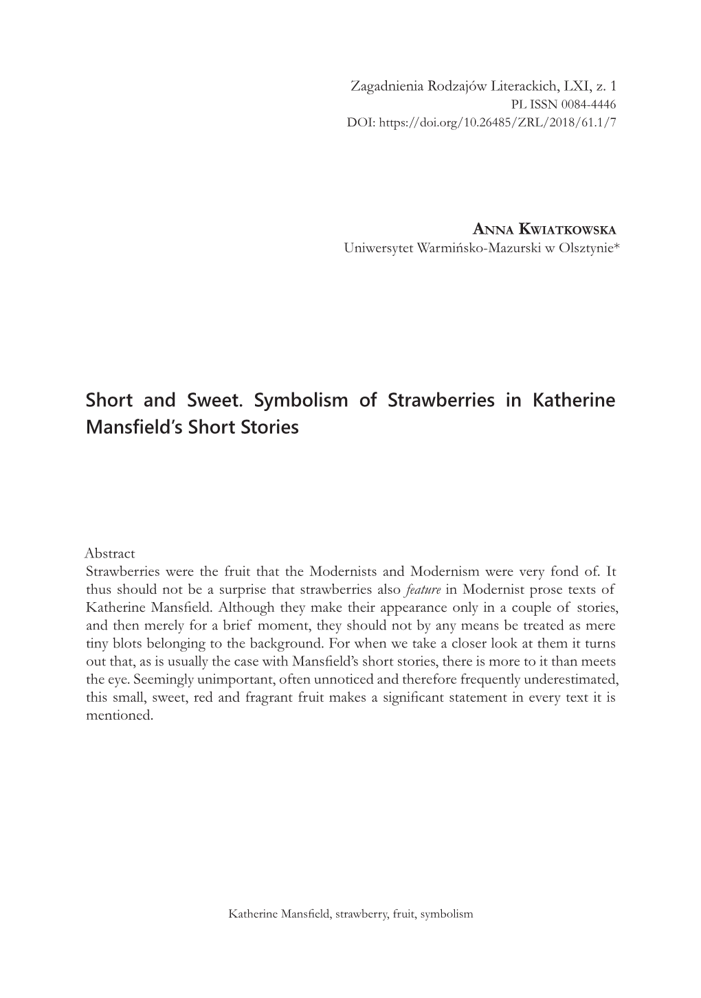 Short and Sweet. Symbolism of Strawberries in Katherine Mansfield’S Short Stories