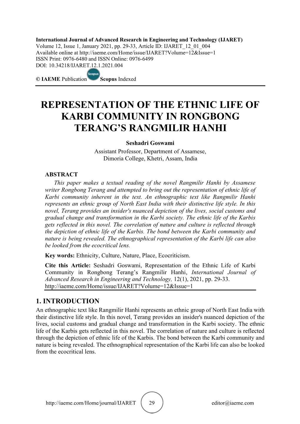 Representation of the Ethnic Life of Karbi Community in Rongbong Terang’S Rangmilir Hanhi