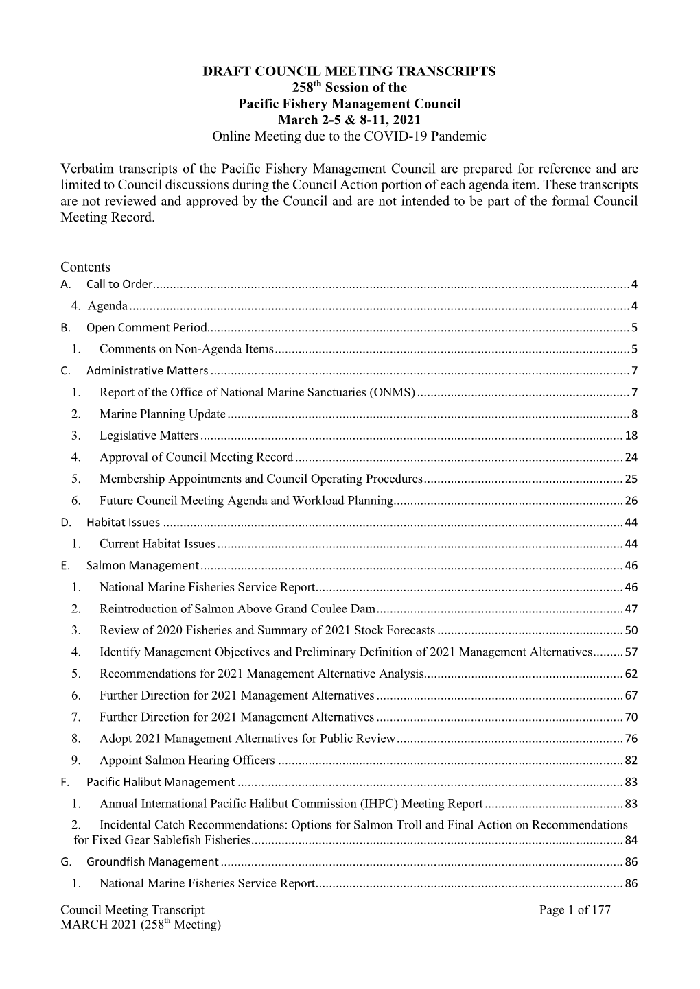 DRAFT COUNCIL MEETING TRANSCRIPTS 258Th Session of the Pacific Fishery Management Council March 2-5 & 8-11, 2021 Online