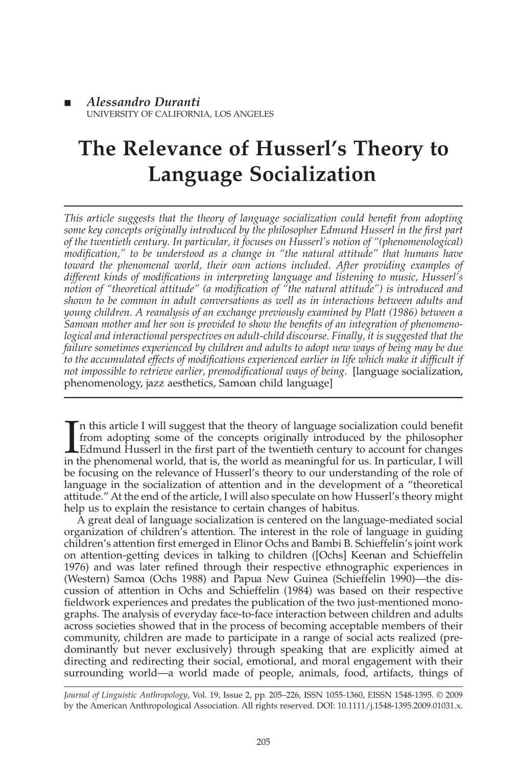 The Relevance of Husserl's Theory to Language Socialization