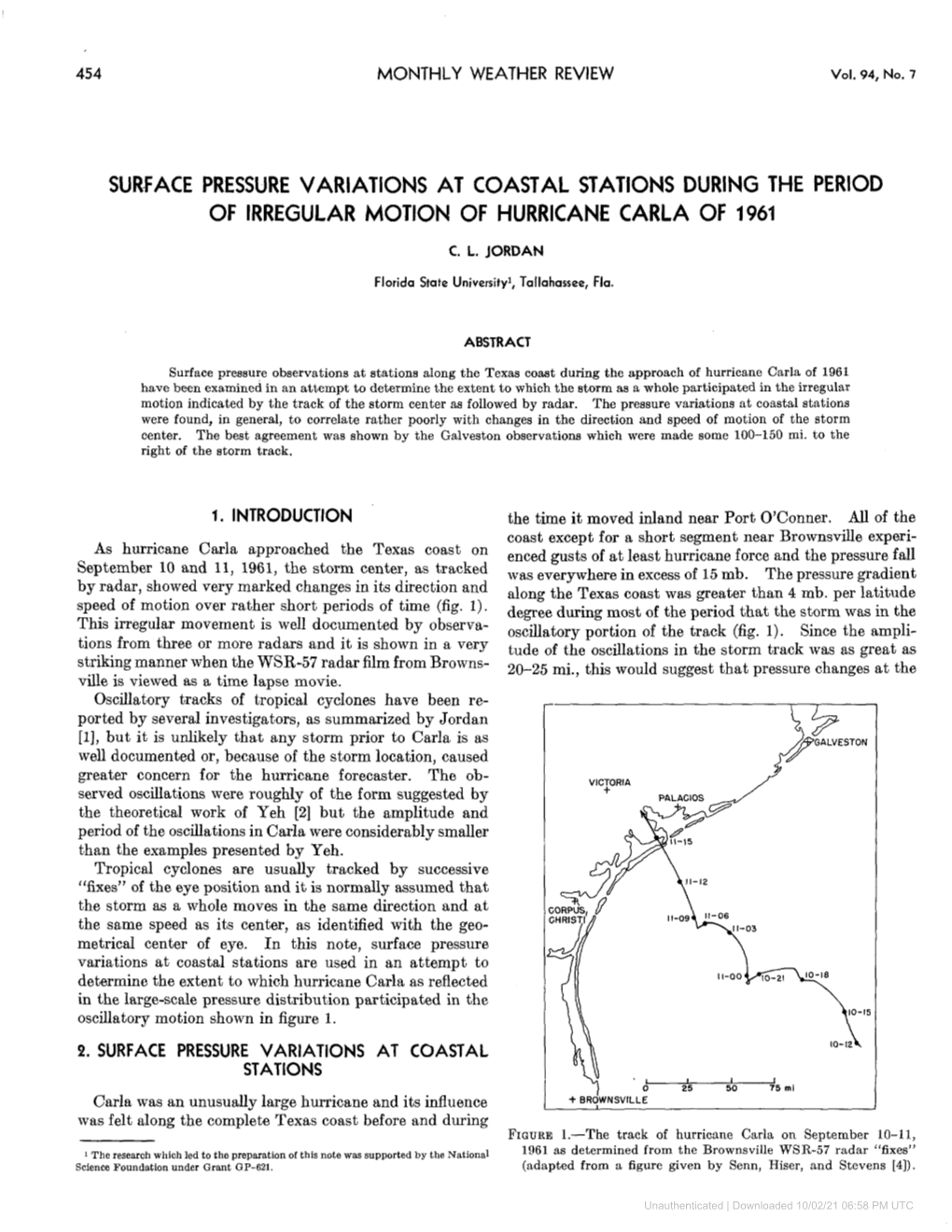 Surface Pressure Variations at Coastal Stations During the Period of Irregular Motion of Hurricane Carla of 1961