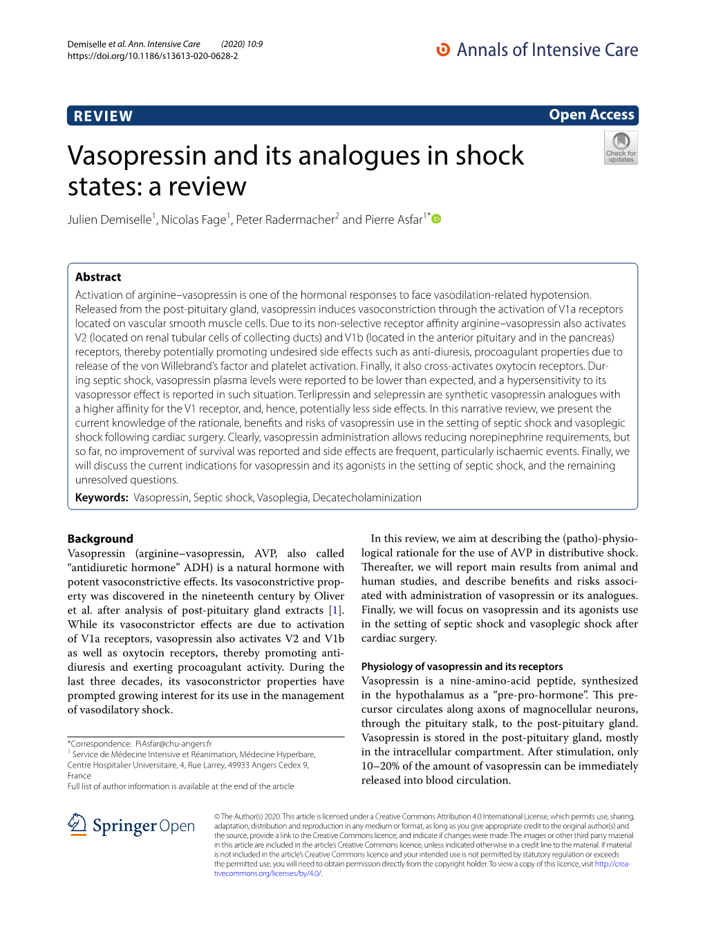 Vasopressin and Its Analogues in Shock States: a Review Julien Demiselle1, Nicolas Fage1, Peter Radermacher2 and Pierre Asfar1*