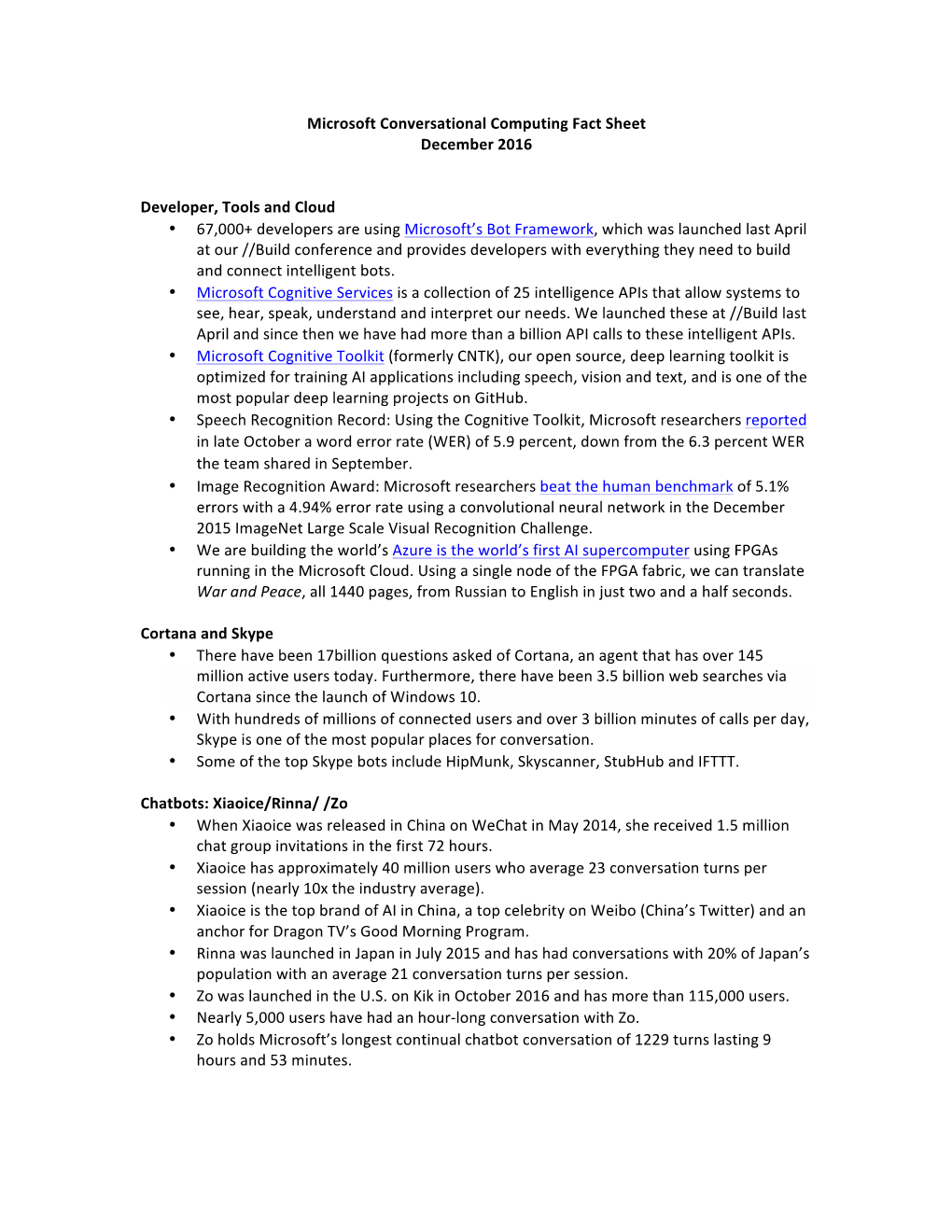 Microsoft Conversational Computing Fact Sheet December 2016