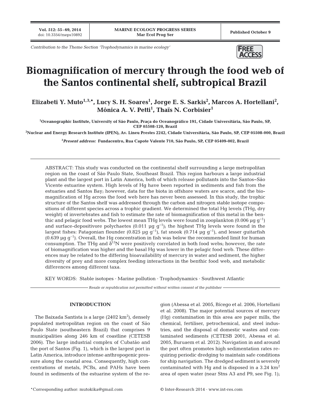 Biomagnification of Mercury Through the Food Web of the Santos Continental Shelf, Subtropical Brazil