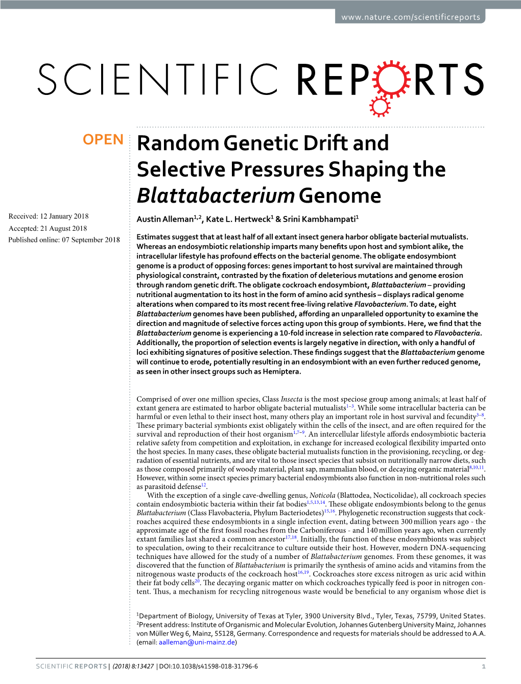 Random Genetic Drift and Selective Pressures Shaping the Blattabacterium Genome Received: 12 January 2018 Austin Alleman1,2, Kate L
