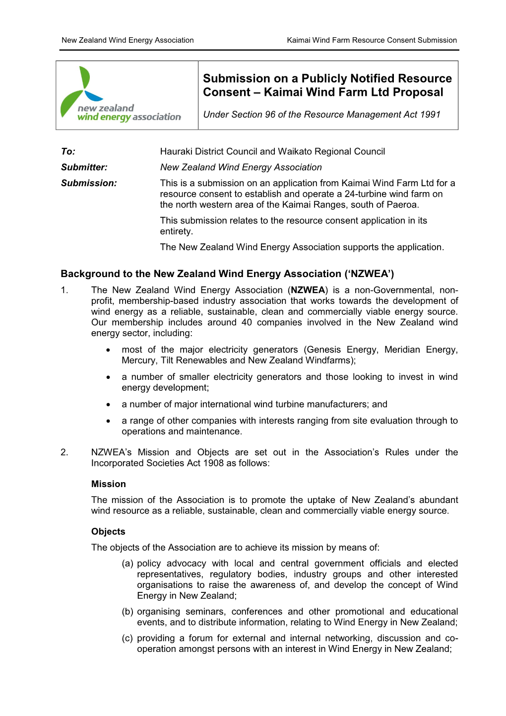 Submission on a Publicly Notified Resource Consent – Kaimai Wind Farm Ltd Proposal