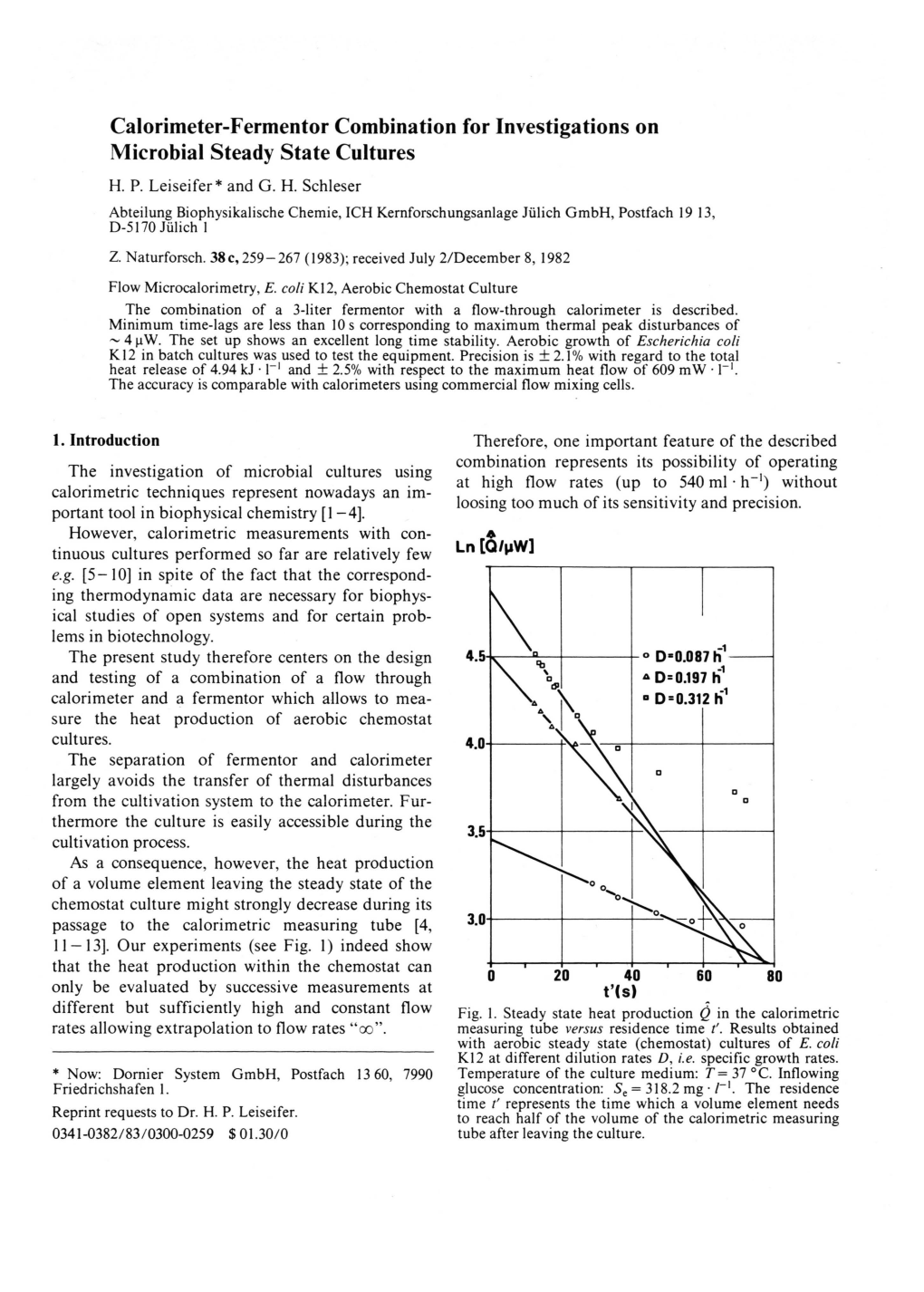 Calorimeter-Fermentor Combination for Investigations on Microbial Steady State Cultures H