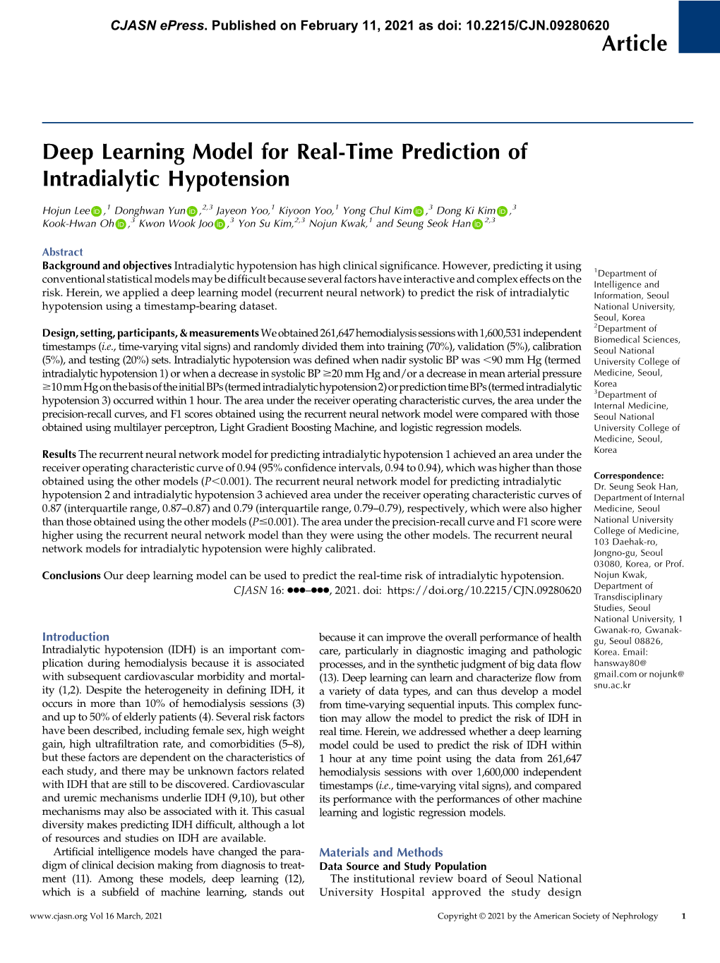 Article Deep Learning Model for Real-Time Prediction of Intradialytic