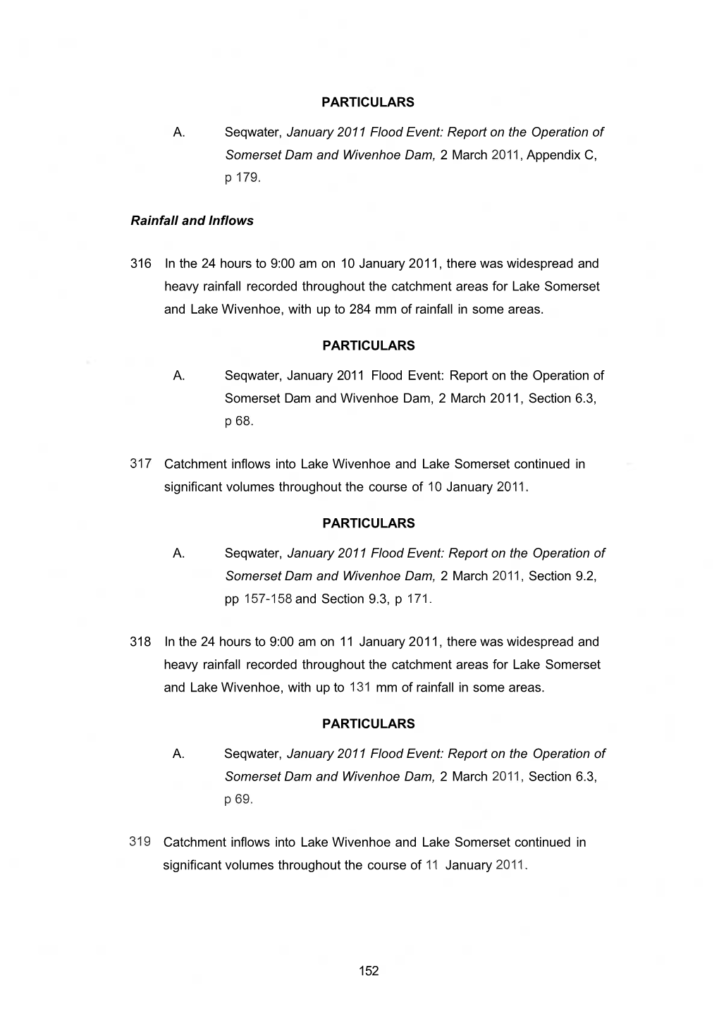 PARTICULARS A. Seqwater, January 2011 Flood Event