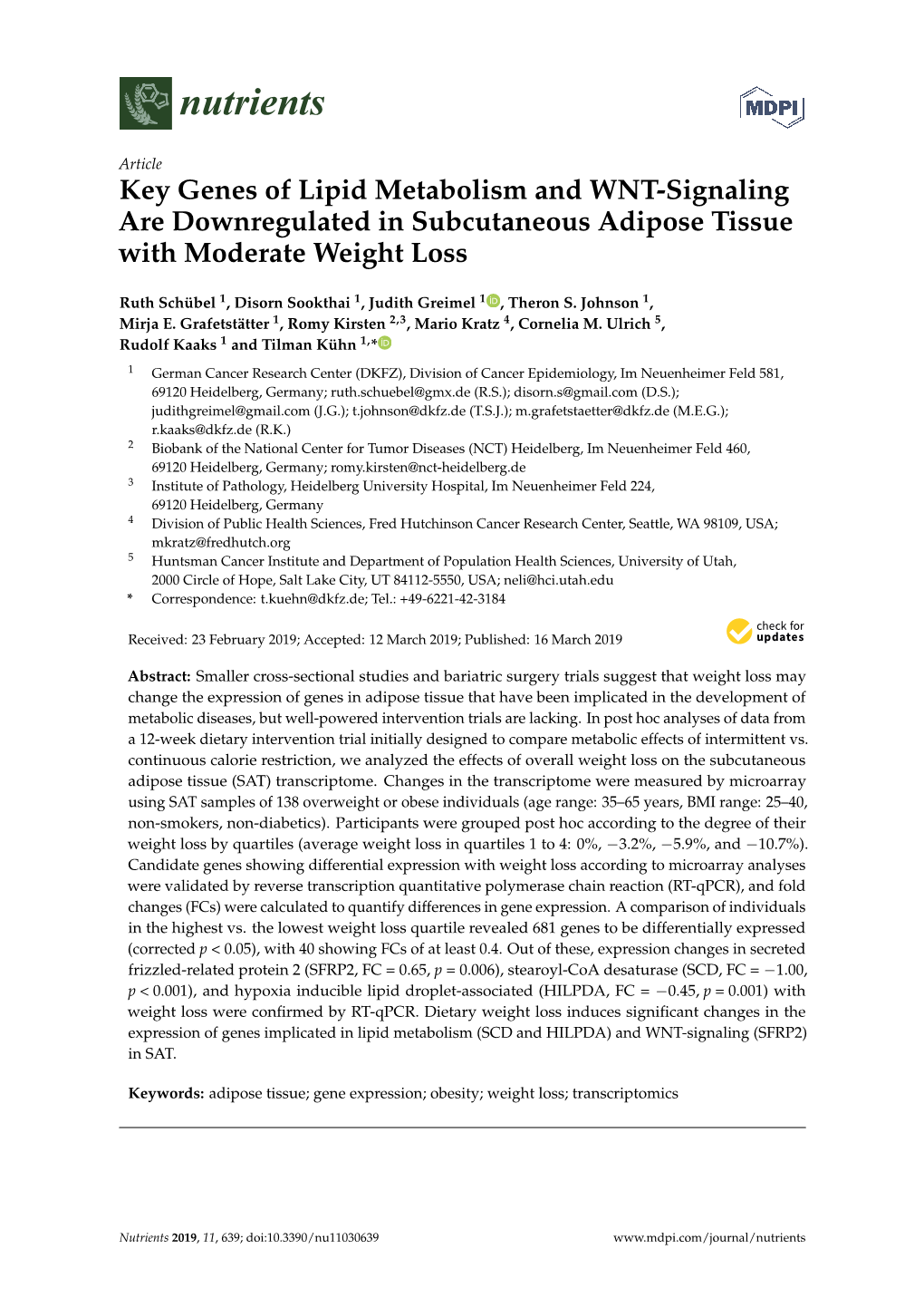 Key Genes of Lipid Metabolism and WNT-Signaling Are Downregulated in Subcutaneous Adipose Tissue with Moderate Weight Loss