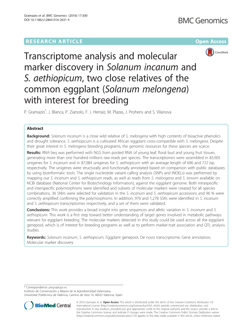Transcriptome Analysis and Molecular Marker Discovery in Solanum Incanum and S