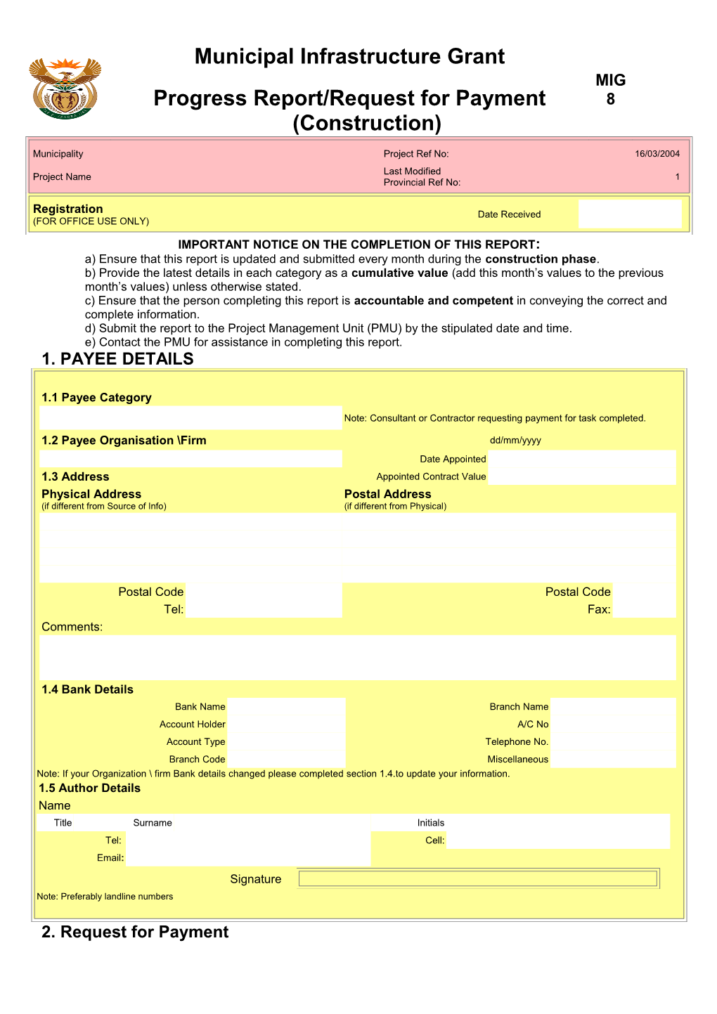 Consolidated Municipal Infrastructure Programme Progress Report/Request for Payment