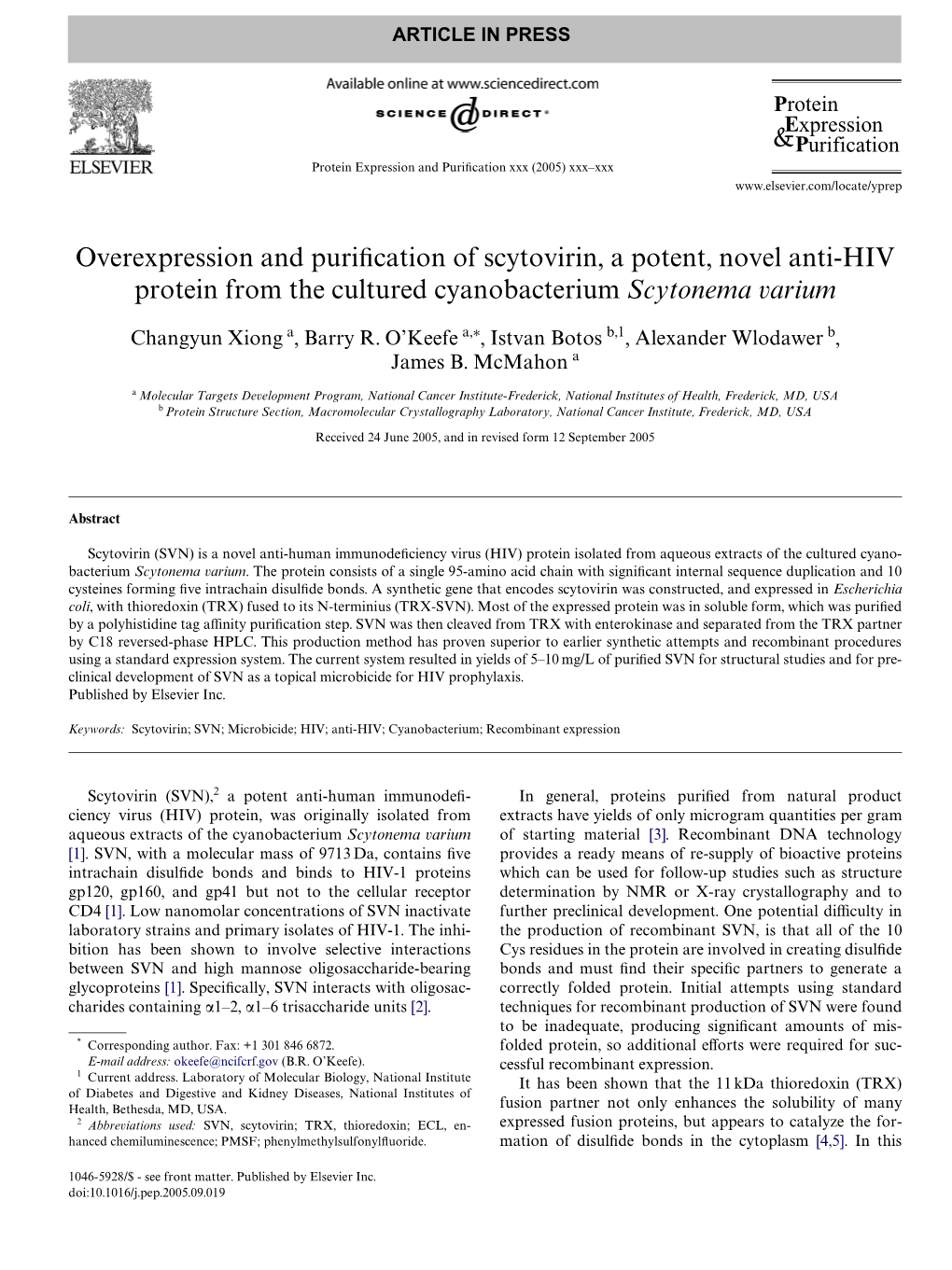 Overexpression and Purification of Scytovirin, a Potent, Novel Anti-HIV