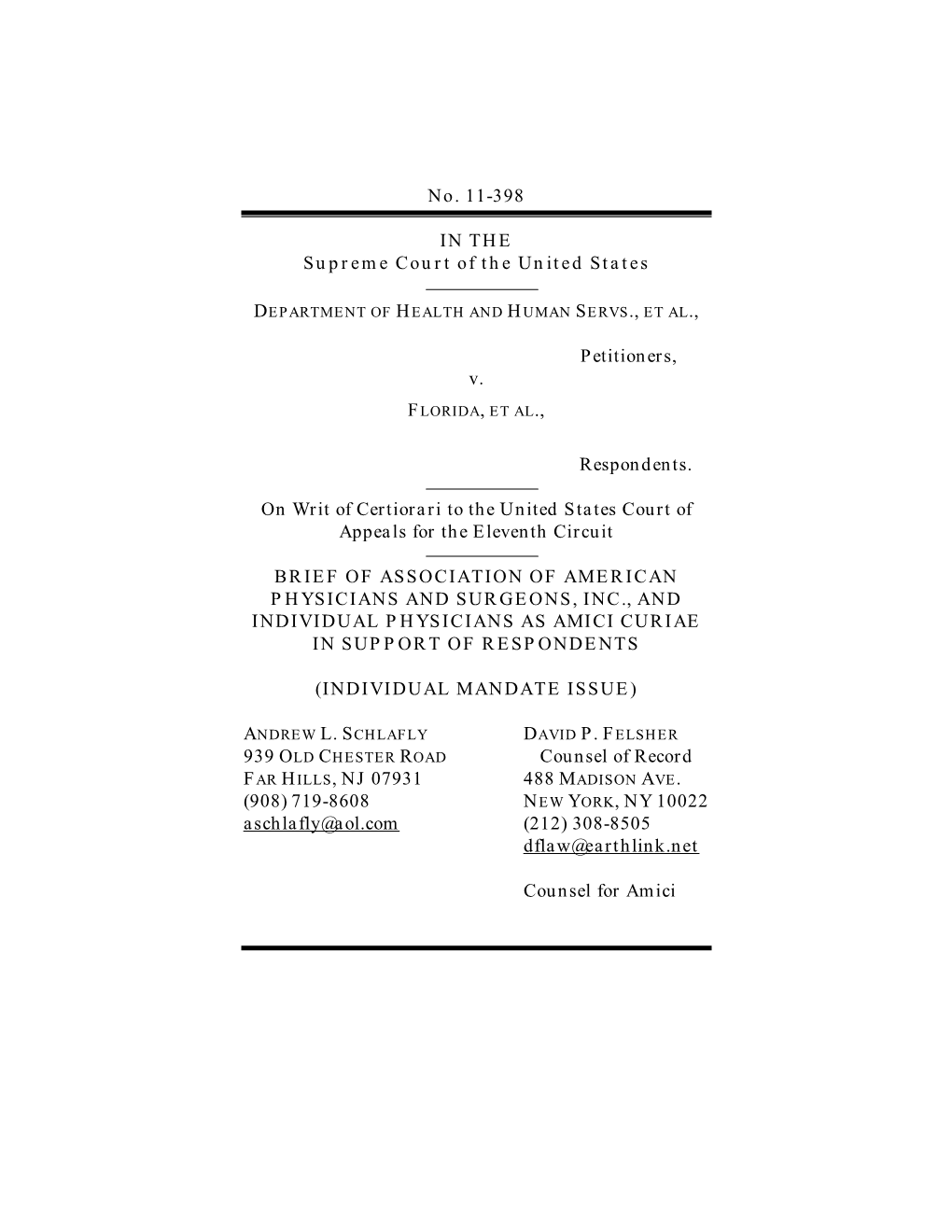 No. 11-398 in the Supreme Court of the United States Petitioners, V