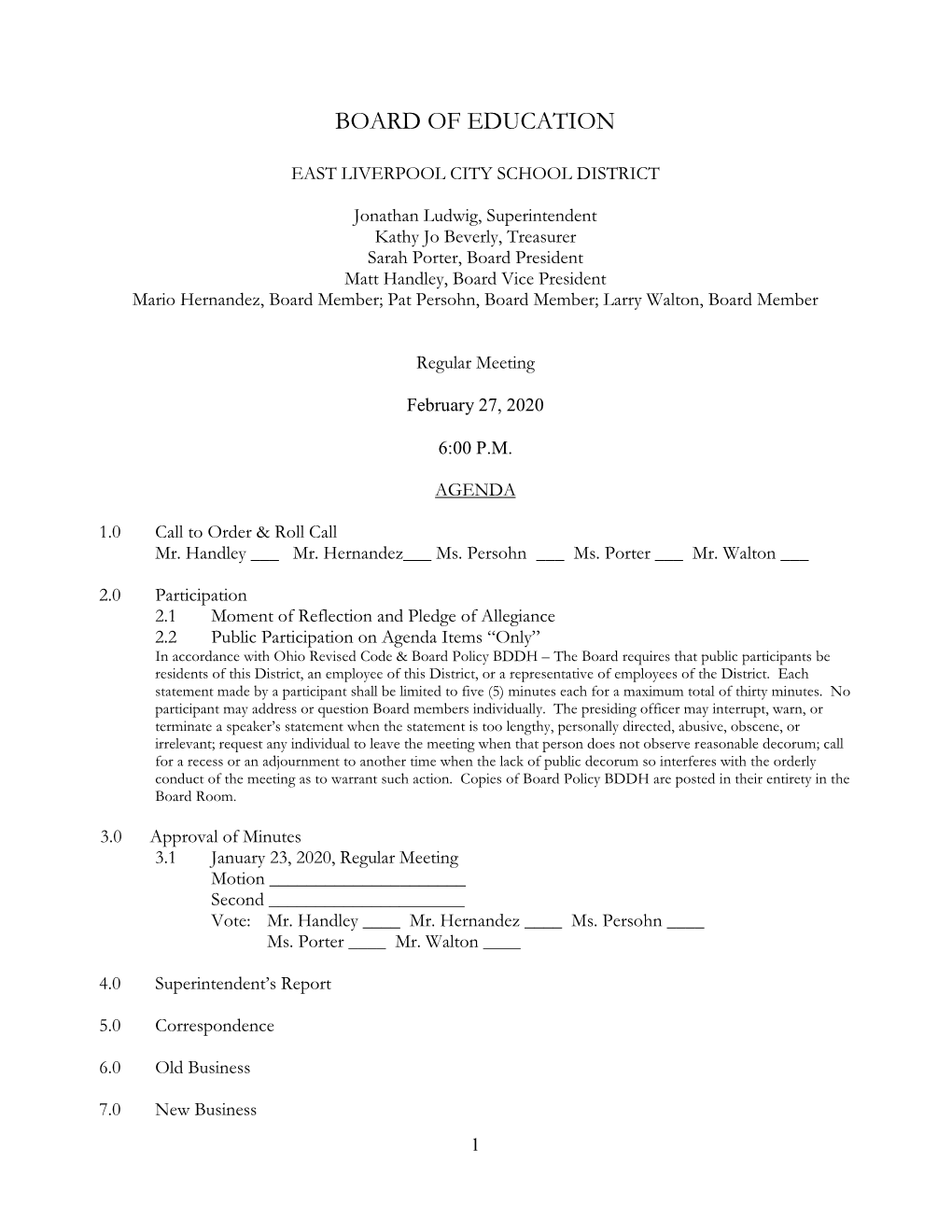 February 27, 2020 Board Agenda