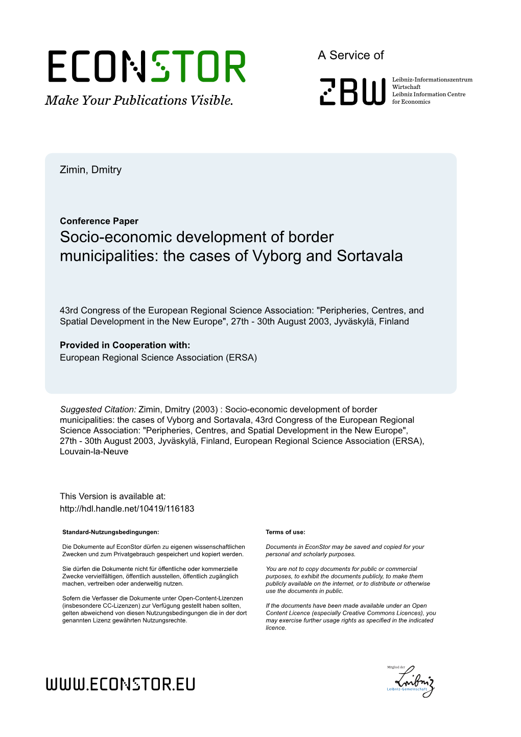 Socio-Economic Development of Border Municipalities: the Cases of Vyborg and Sortavala