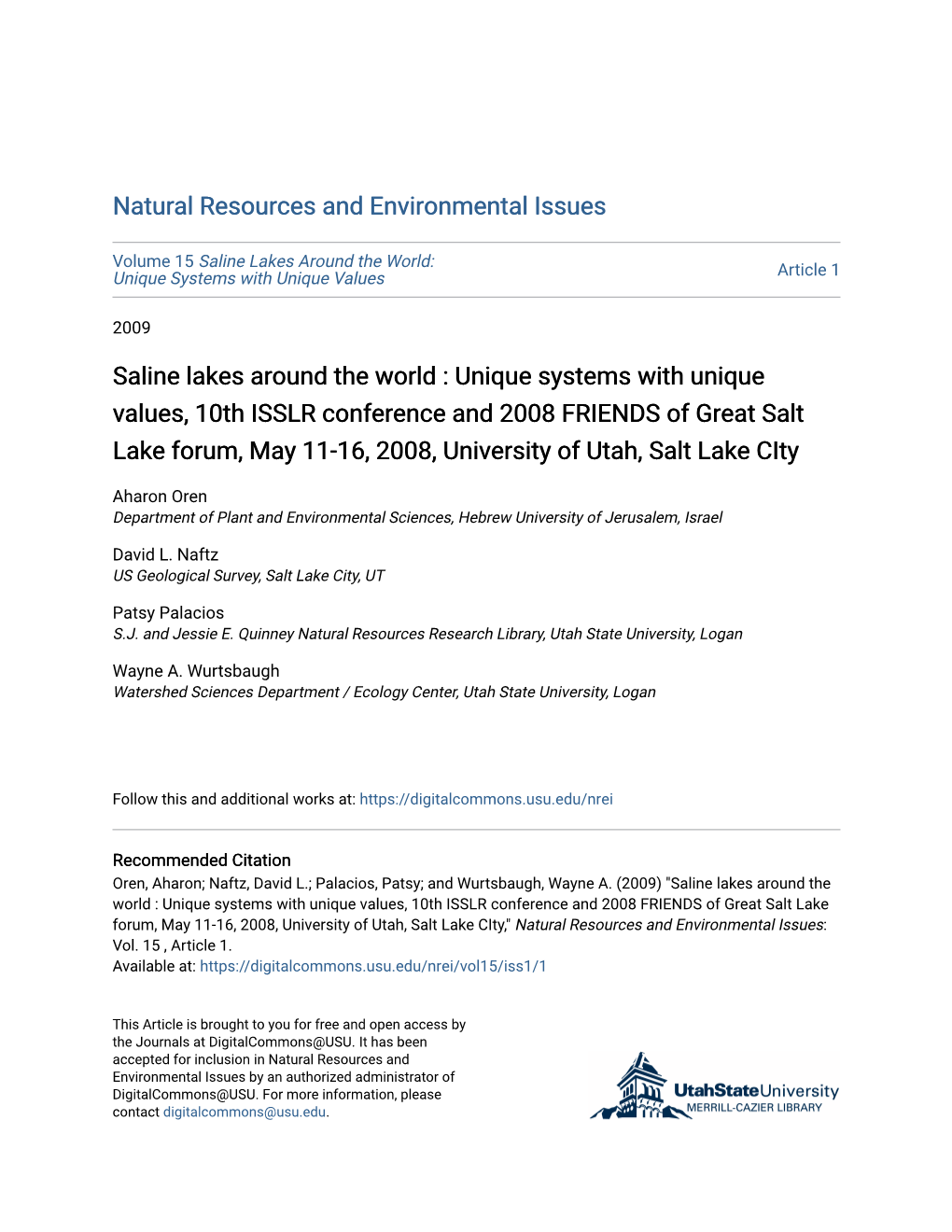 Saline Lakes Around the World: Unique Systems with Unique Values Article 1