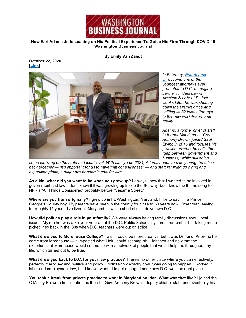 How Earl Adams Jr. Is Leaning on His Political Experience to Guide His Firm Through COVID-19 Washington Business Journal