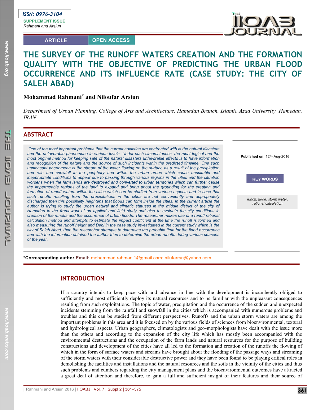 The Survey of the Runoff Waters Creation and the Formation Quality with the Objective of Predicting the Urban Flood