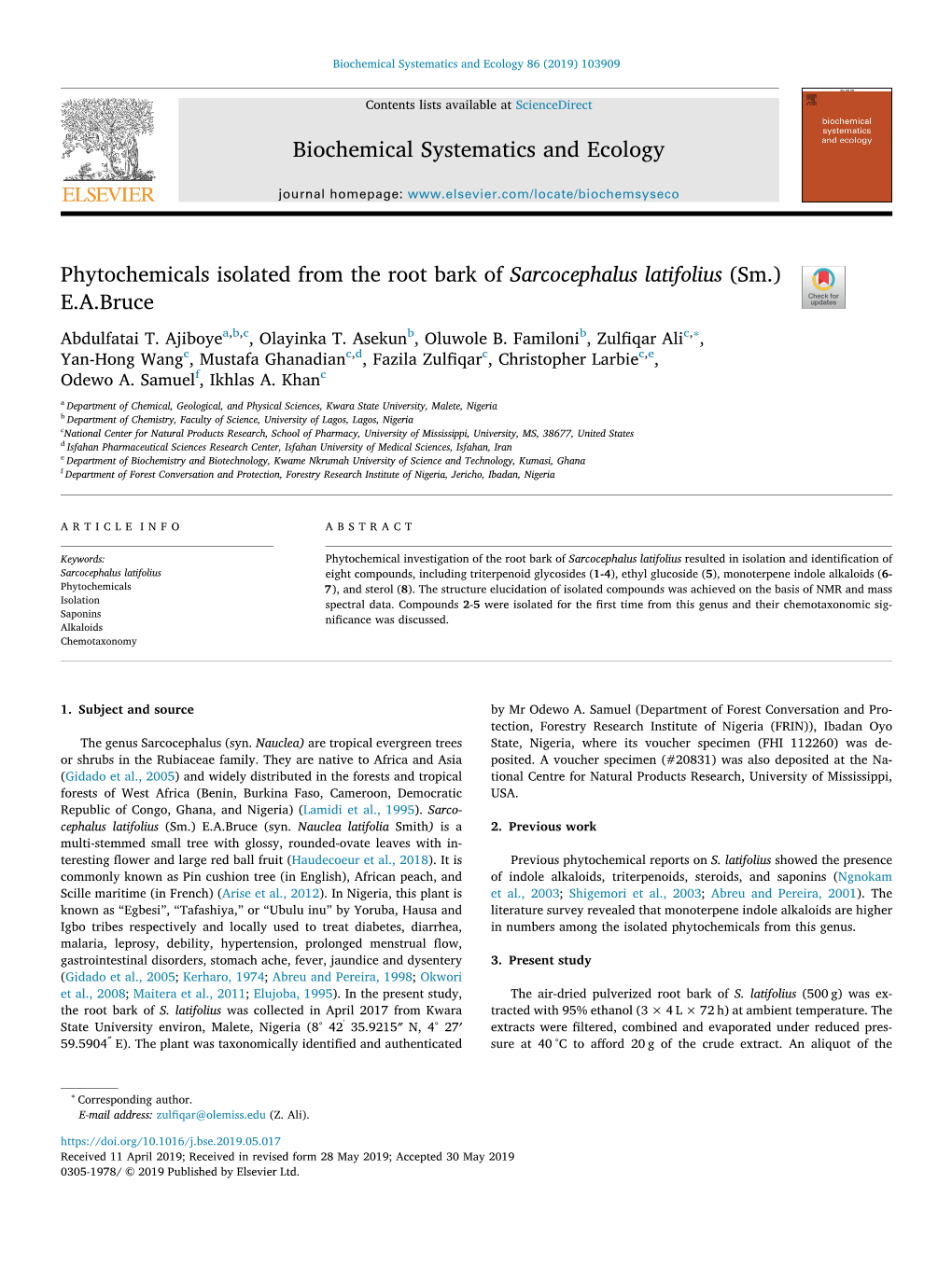 Phytochemicals Isolated from the Root Bark of Sarcocephalus Latifolius (Sm.) T E.A.Bruce ∗ Abdulfatai T