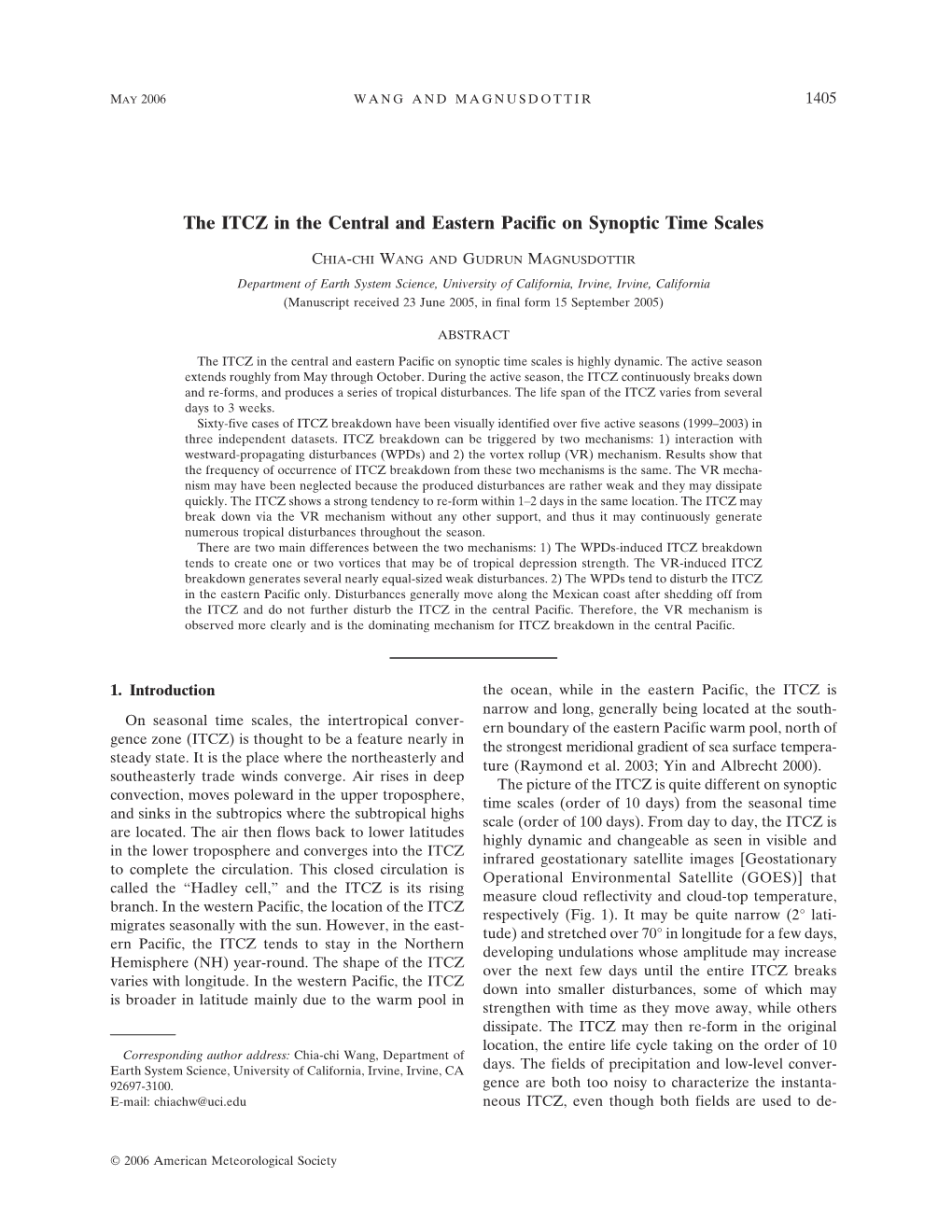 The ITCZ in the Central and Eastern Pacific on Synoptic Time Scales