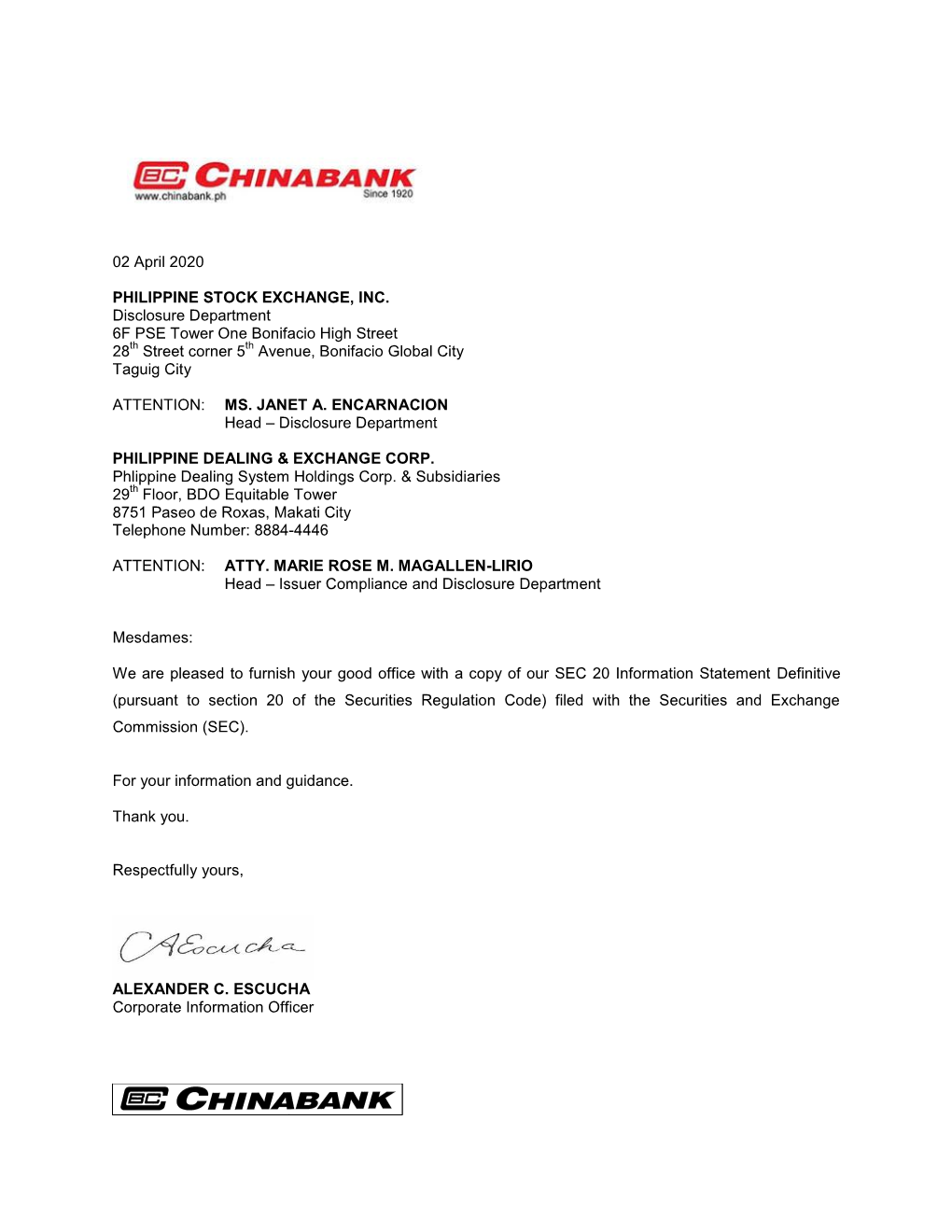 02 April 2020 PHILIPPINE STOCK EXCHANGE, INC. Disclosure