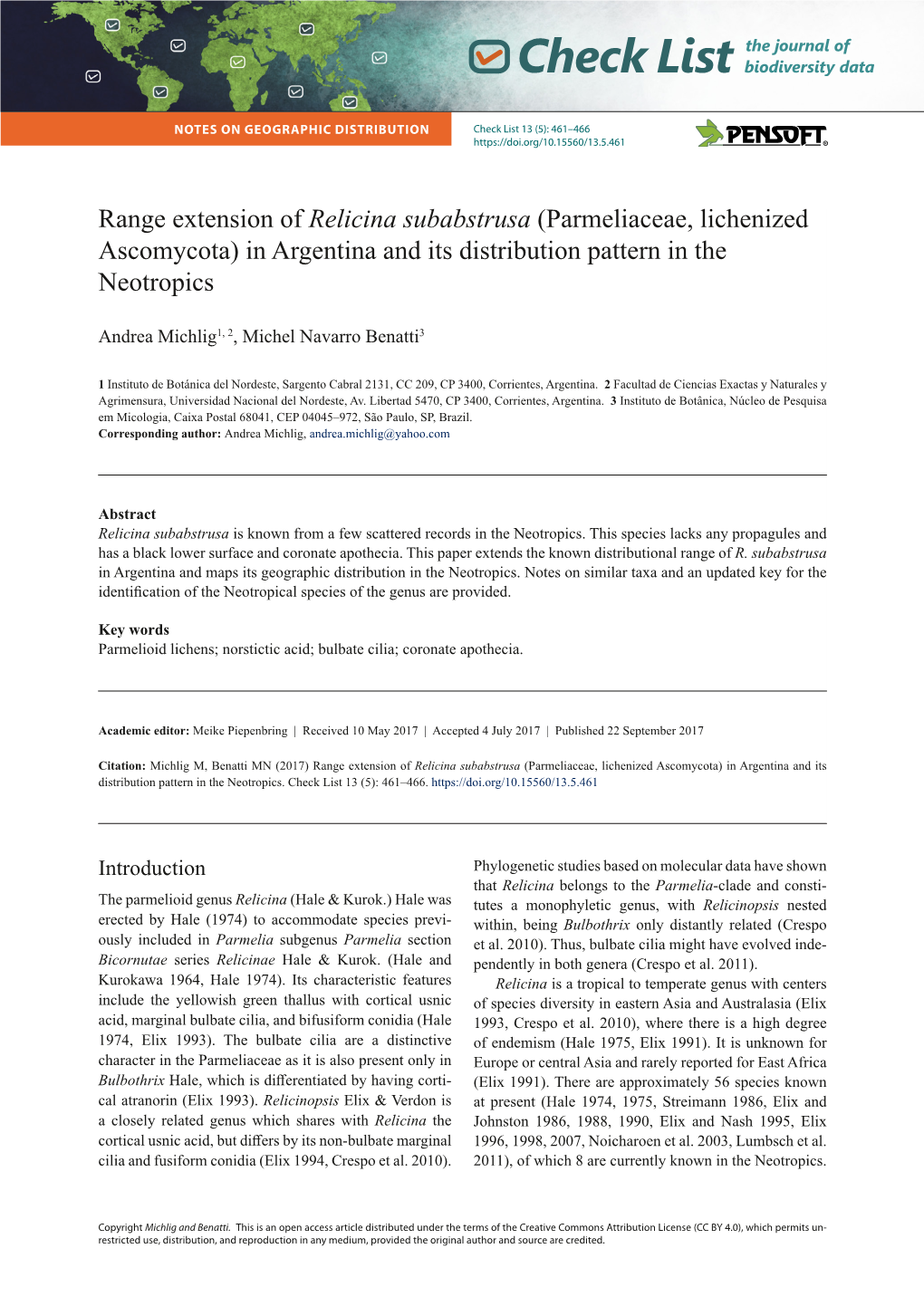 Range Extension of Relicina Subabstrusa (Parmeliaceae, Lichenized Ascomycota) in Argentina and Its Distribution Pattern in the Neotropics