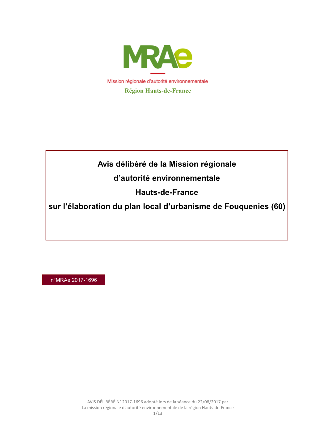 Avis Délibéré De La Mission Régionale D'autorité Environnementale Hauts