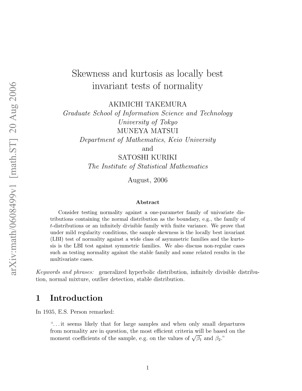 Skewness and Kurtosis As Locally Best Invariant Tests of Normality